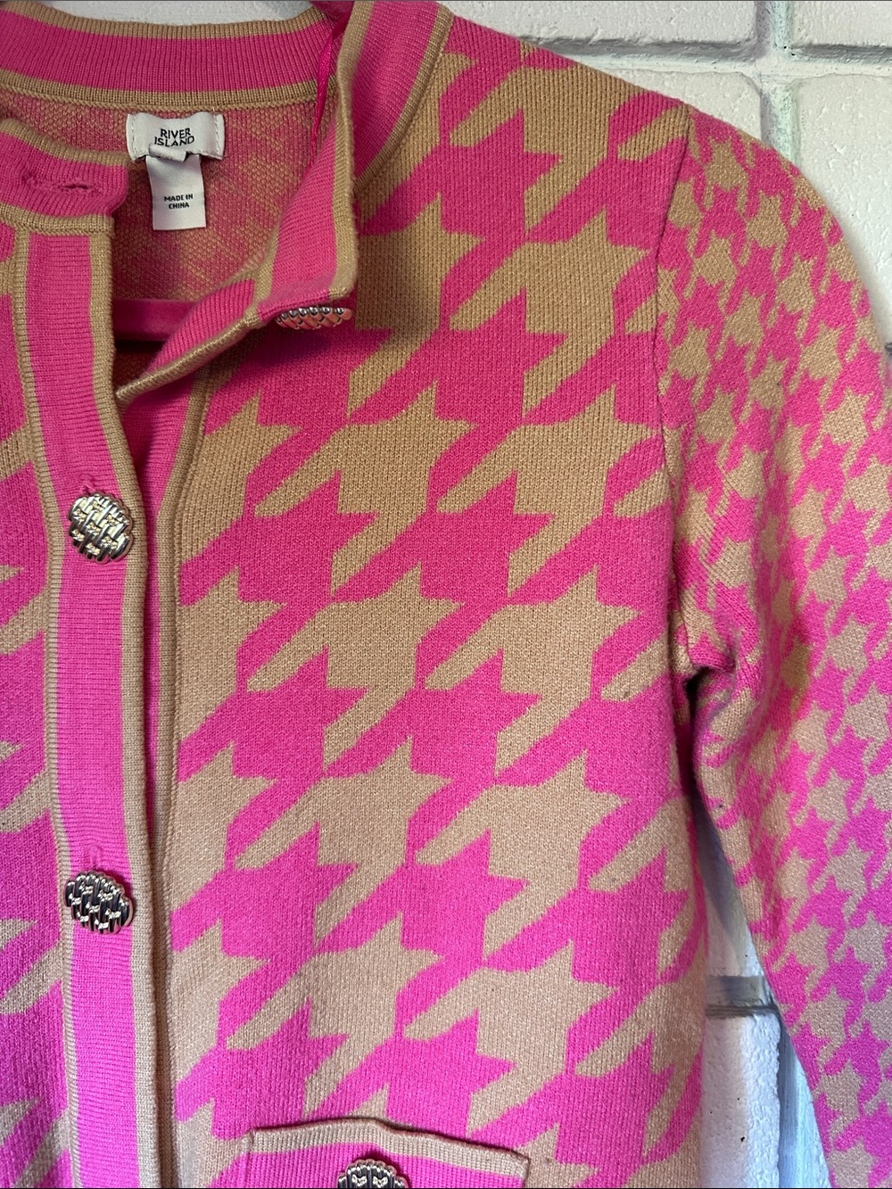 River Island Pink & Tan Houndstooth Knit Blazer Jacket